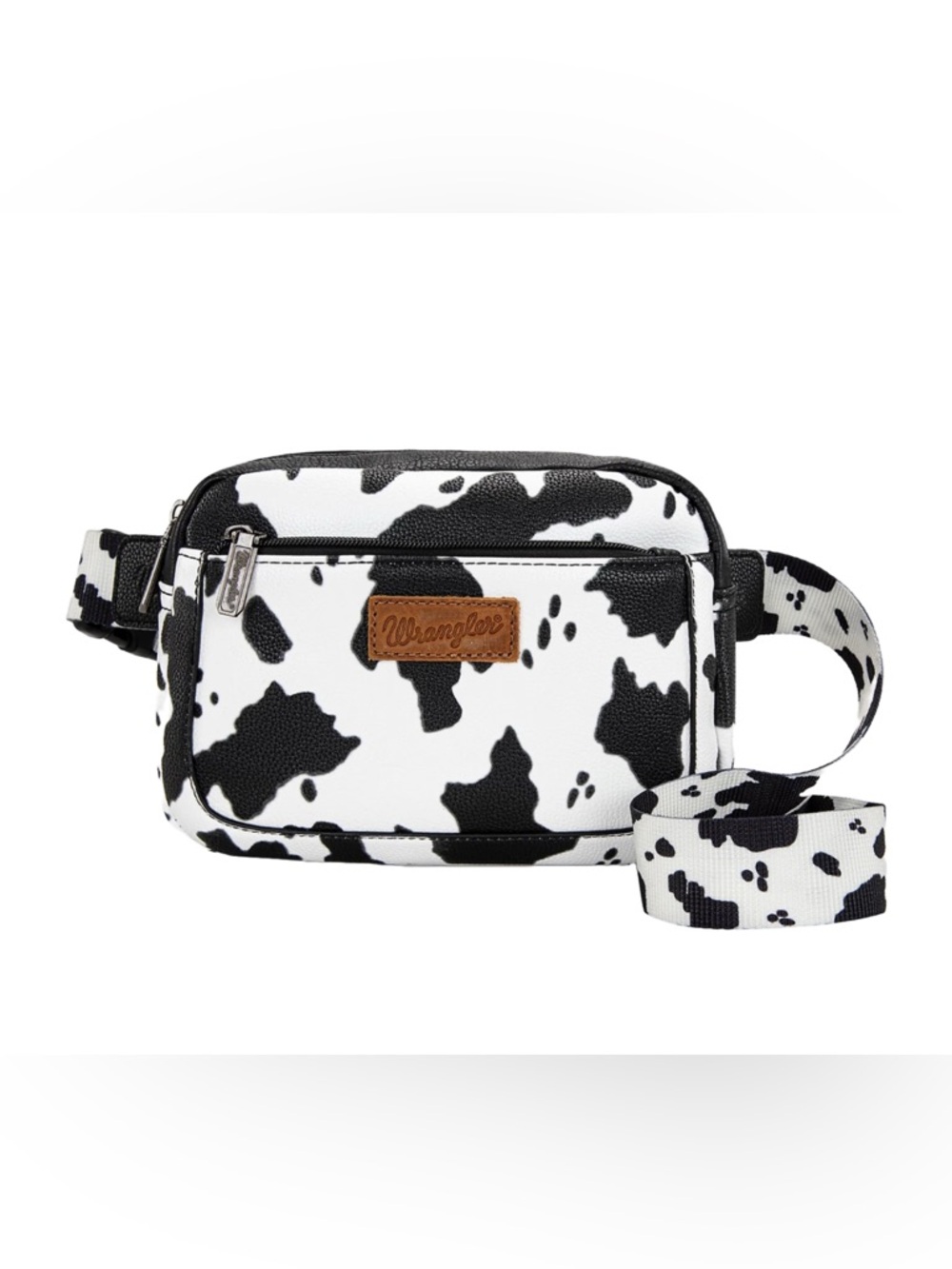 Wrangler Black and White Cow Print Crossbody Belt Bag